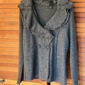 Elena Solano Wool Ruffle Collar Long Sleeve Sweater Jacket, Size L, Heather Grey